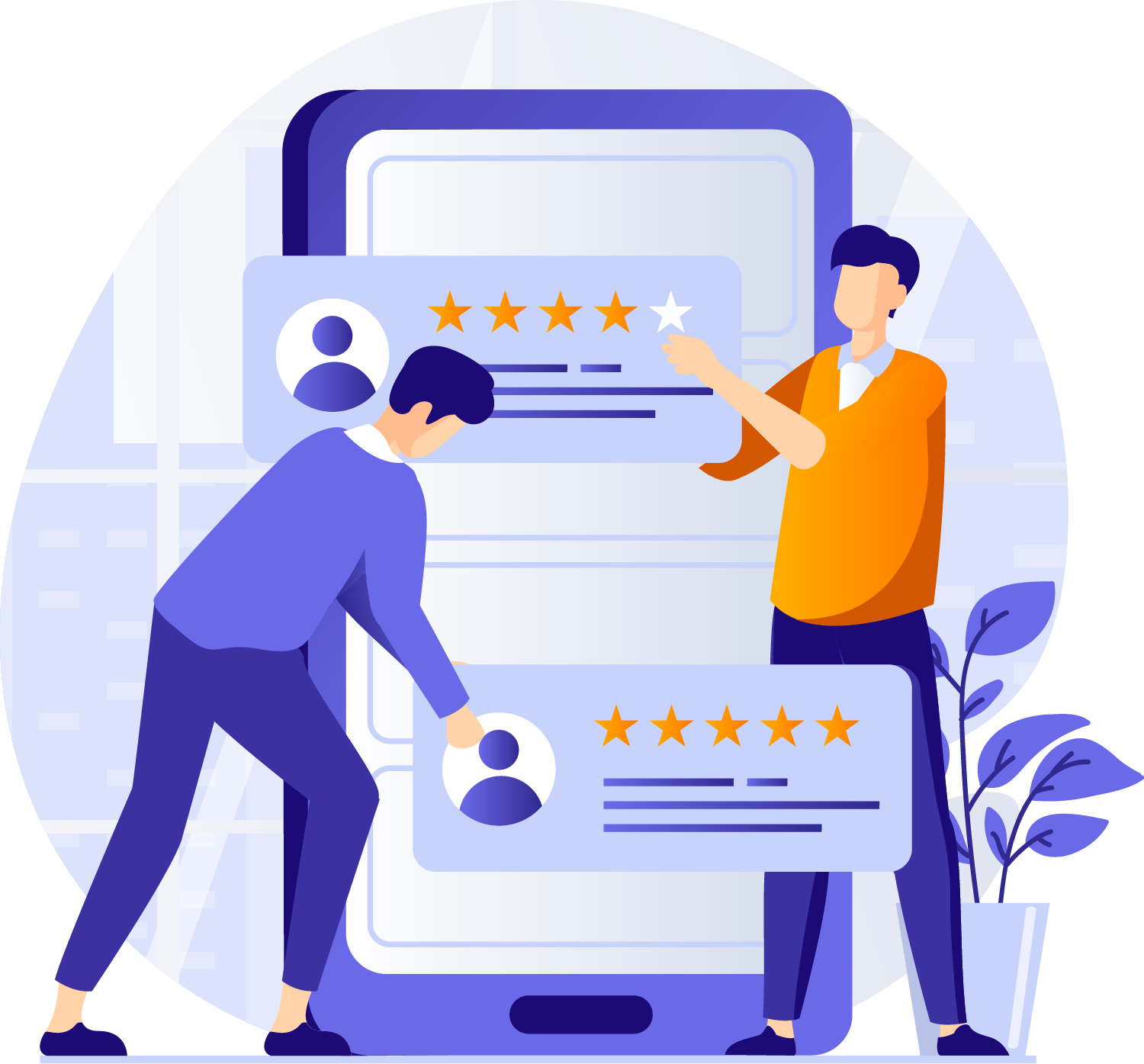 Illustration of people managing online reviews and star ratings on a large mobile screen